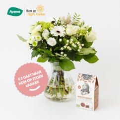 Bouquet saisonnier Warm White avec vase standard & biscuits Grand
